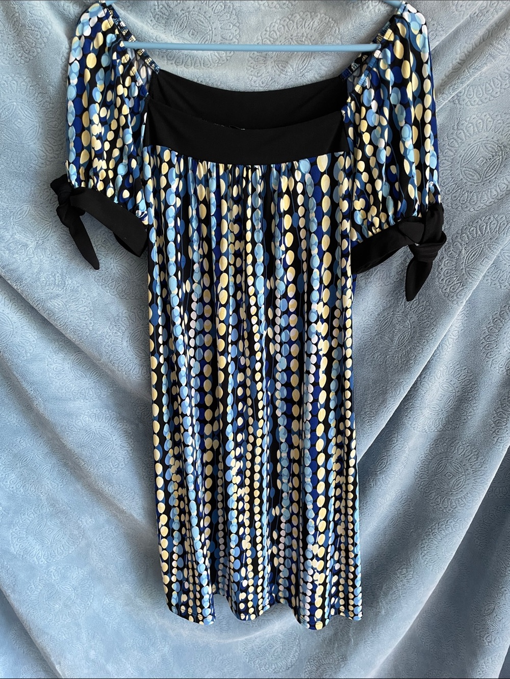 AGB Blue and Cream Dotted Off-Shoulder Dress
